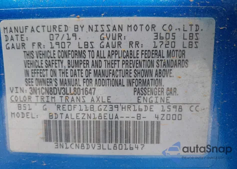 2020 Nissan Versa S Xtronic Cvt z USA, uszkodzony, nr VIN 3N1CN8DV3LL801647